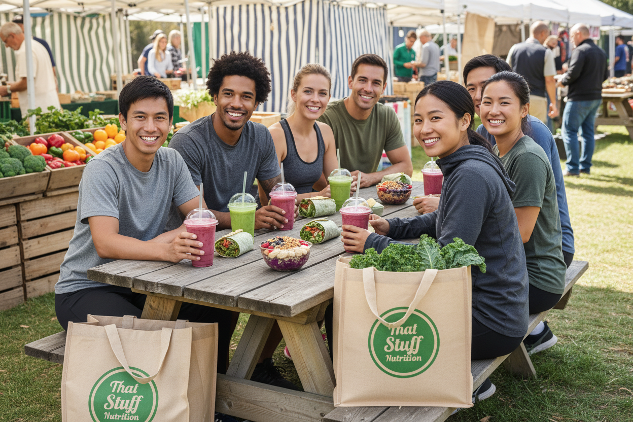 fitness and wellness people eating and drinking smootihes, spinach wraps and acai bowls at a picnic bench at a farmers market with shopping bags with that stuff nutrition on the bag (logo)